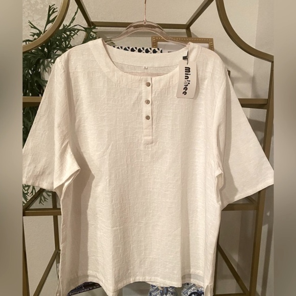 Minibee Linen Blend Button Top Textured XXL Lagenlook Minimalist cream/white NWT